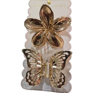 💛🔹️Sunday State 🔹️Shiny Gold Floral and Butterfly 2pc  Hair Metal  Clips